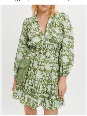 Maje Ritale Paris Floral Mini Dress Smocked Waist Puff Sleeve Boho Euro Summer